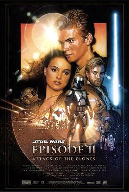 Theatrical release poster of Star Wars Episode II: Attack of the Clones by Drew Struzan.