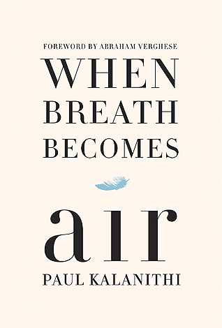 Cover of the book 'When Breath Becomes Air' by Paul Kalanithi, featuring a minimalist design with a blue feather.